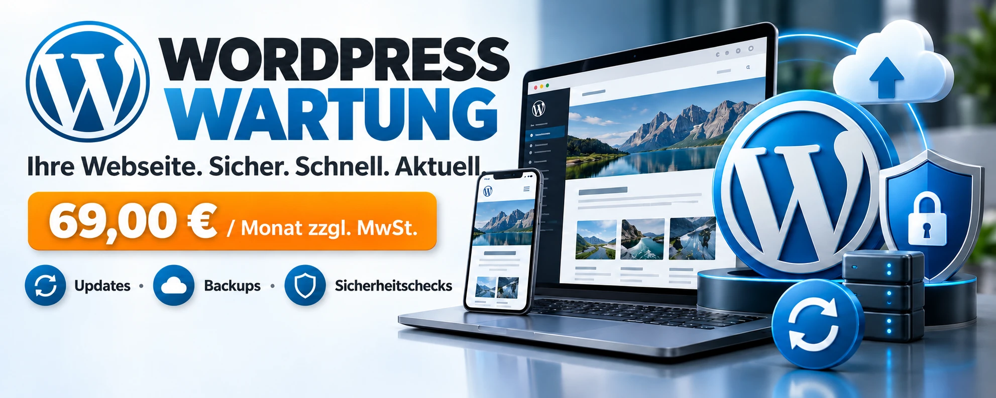 WordPress Wartung für 69,00 Euro pro Monat zuzüglich Mehrwertsteuer – Updates, Backups und Sicherheitschecks